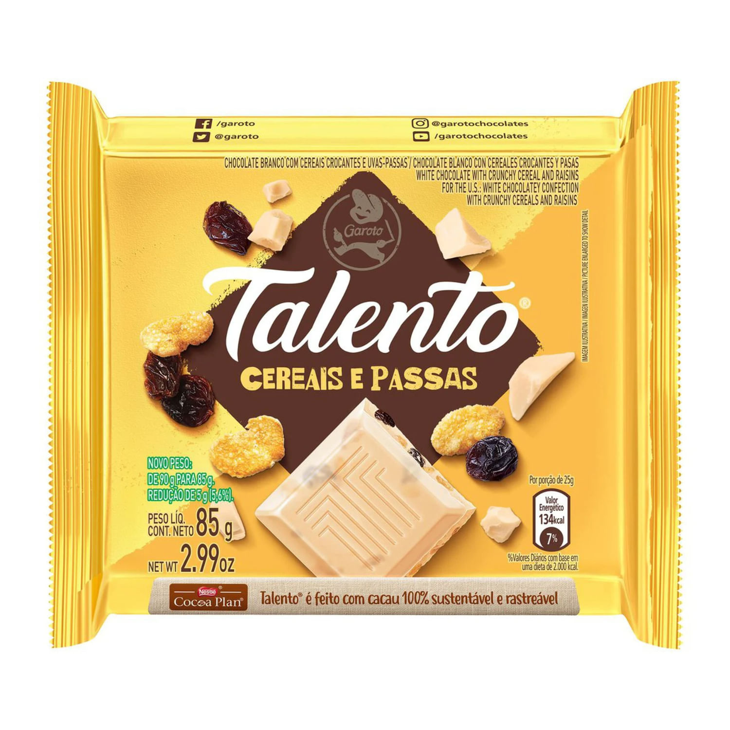 Chocolate Talento Cereais e Passas Garoto 85g