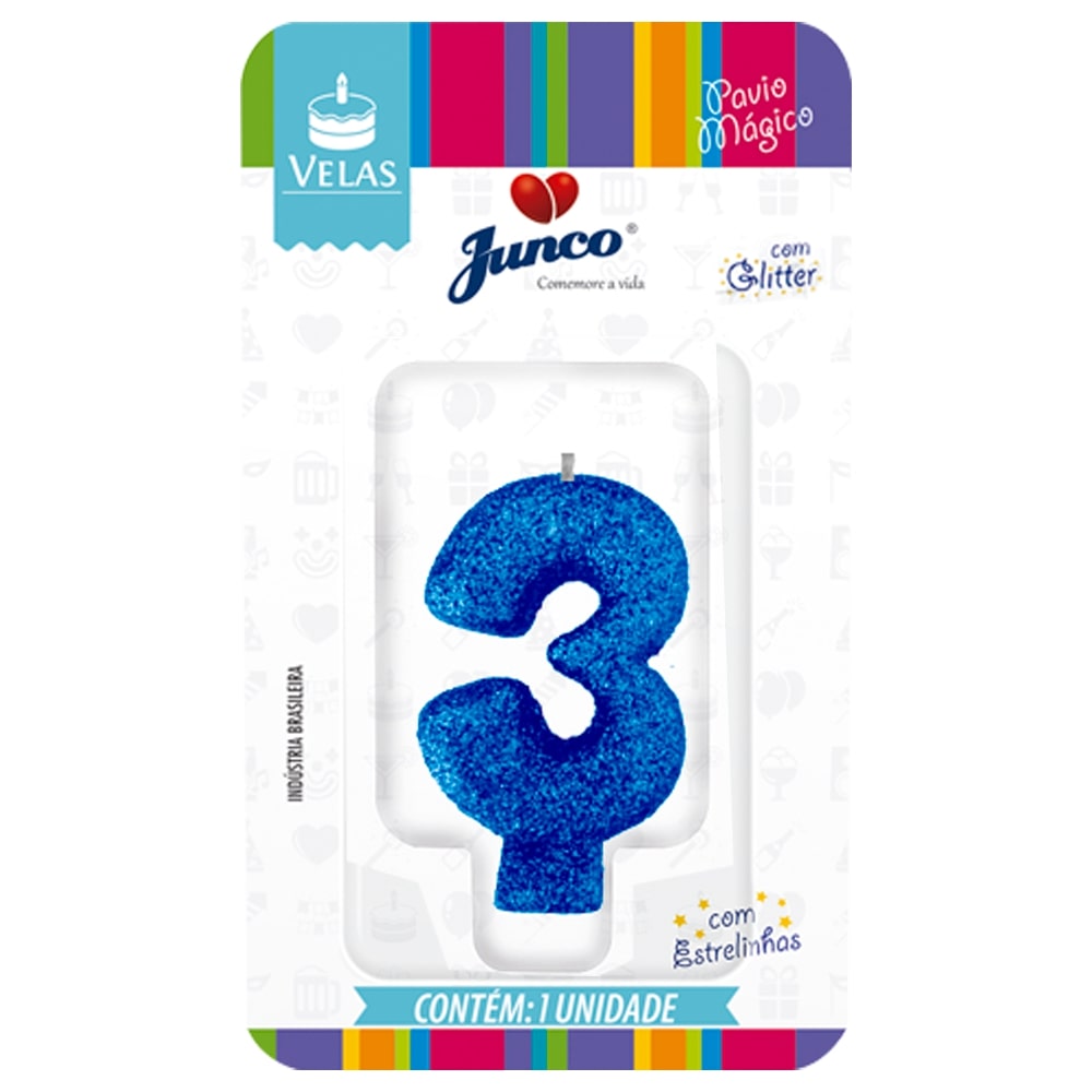 Vela de Aniversário Azul com Gliter Junco N3
